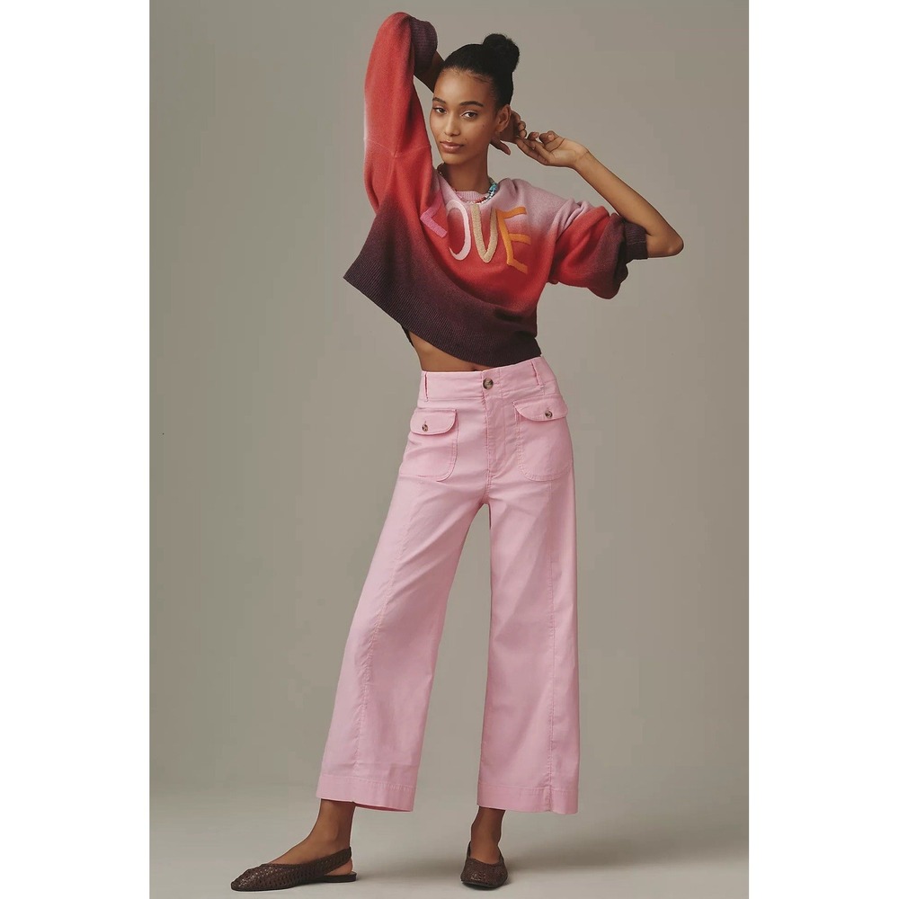 Anthropologie Maeve The Colette Crop Wide Leg Pants Pink Flap Pocket Size 27